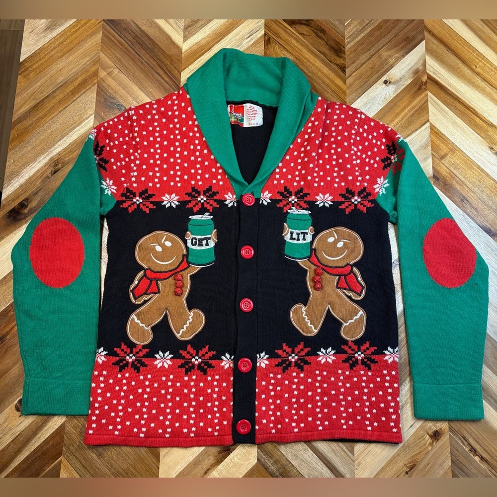 Get Lit Gingerbread Ugly Christmas Cardigan Sweater V-neck Spencer's Workshop